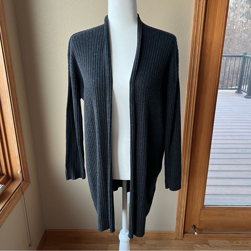 Eileen Fisher Ribbed Cardigan Xs Open Front Organic Cotton Blend Charcoal Gray